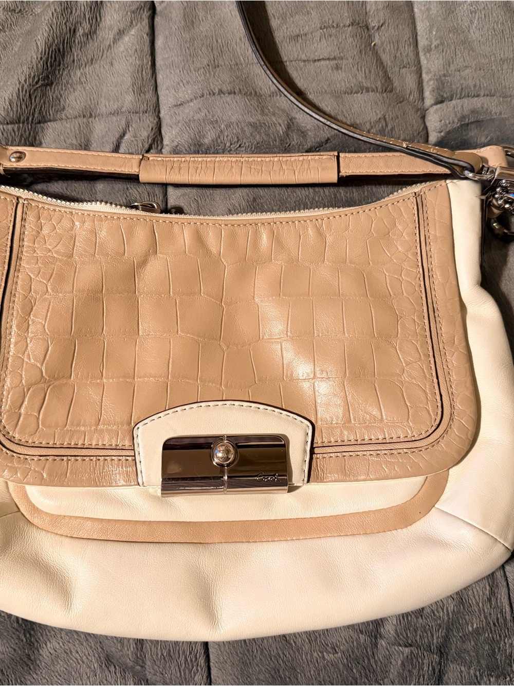 Coach Two-Tone Beige and Cream Croc-Embossed Shoulder Bag